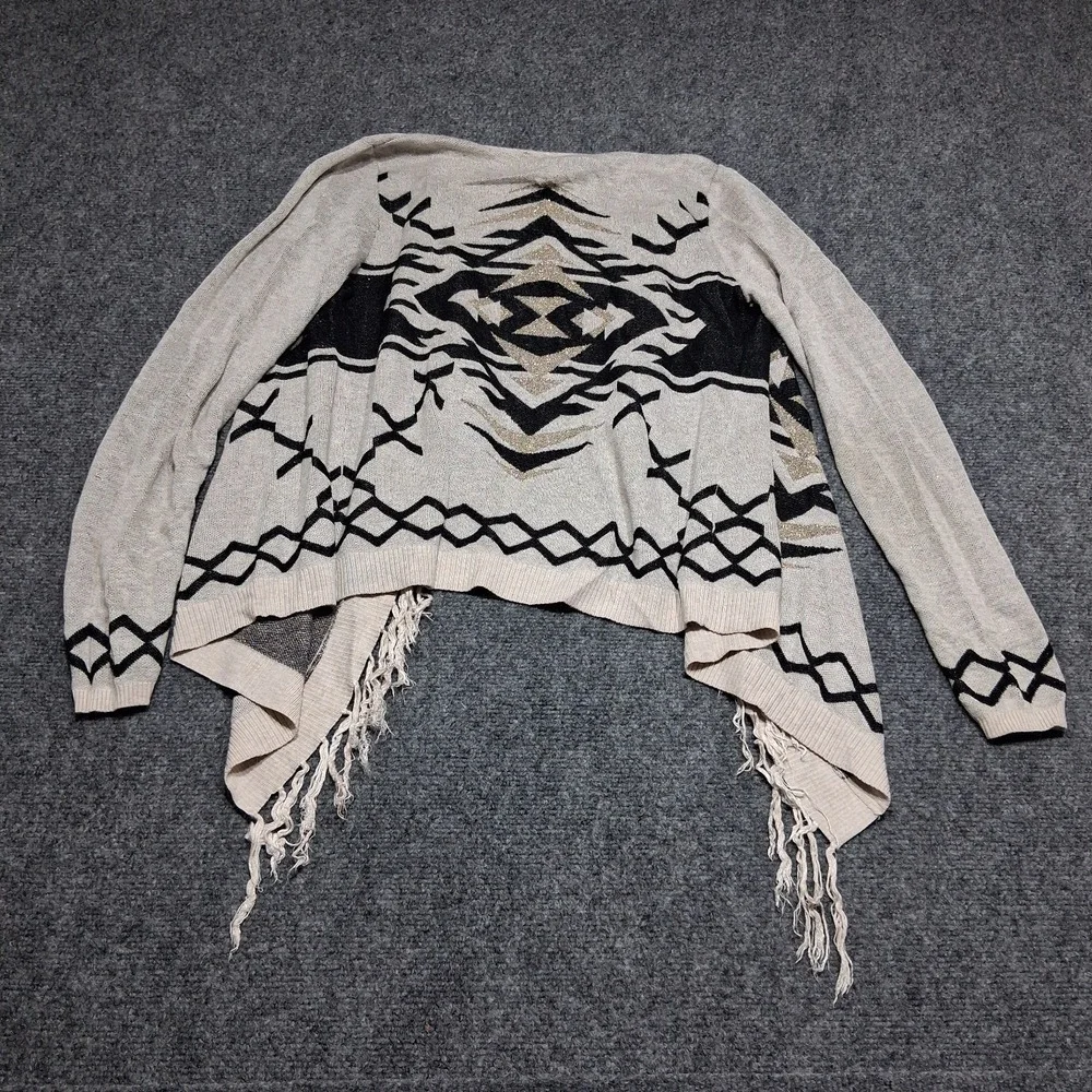 INC Womens Sweater Size‎ M Ivory Diamond Knit Bohemian Fringe Open Wrap Cardigan